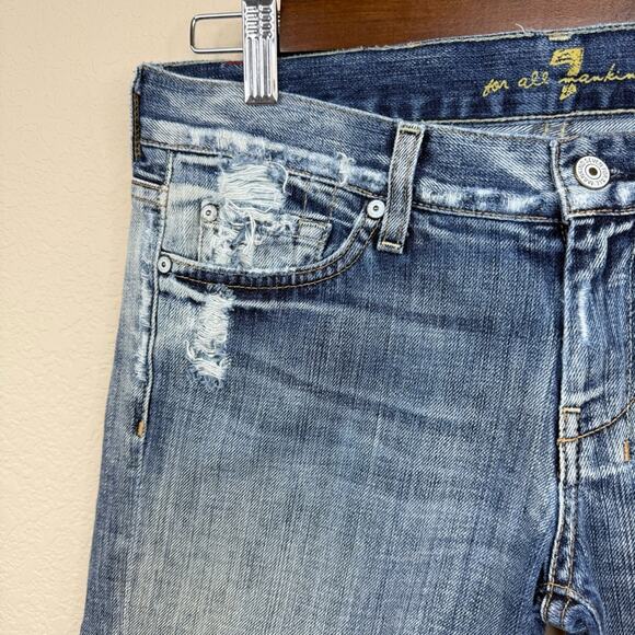 7 For All Mankind DOJO Shorts Long Made  USA Womens 28 Blue Denim Distressed - Picture 6 of 15